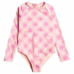 ROXY Girls Flower Plaid Onesie Long Sleeve One Piece Swimsuit